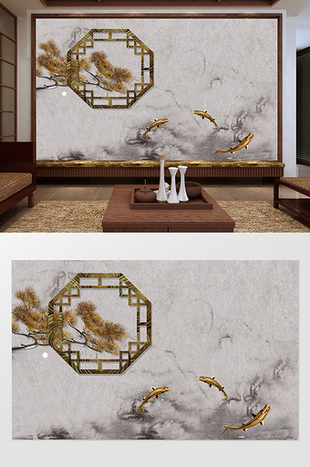 中式古典松枝框景金鱼戏水背景墙图片