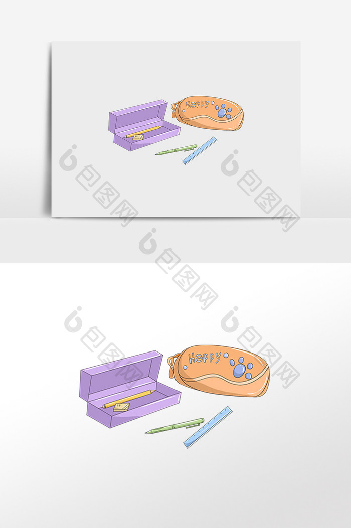 手绘开学季文具铅笔文具盒插画元素