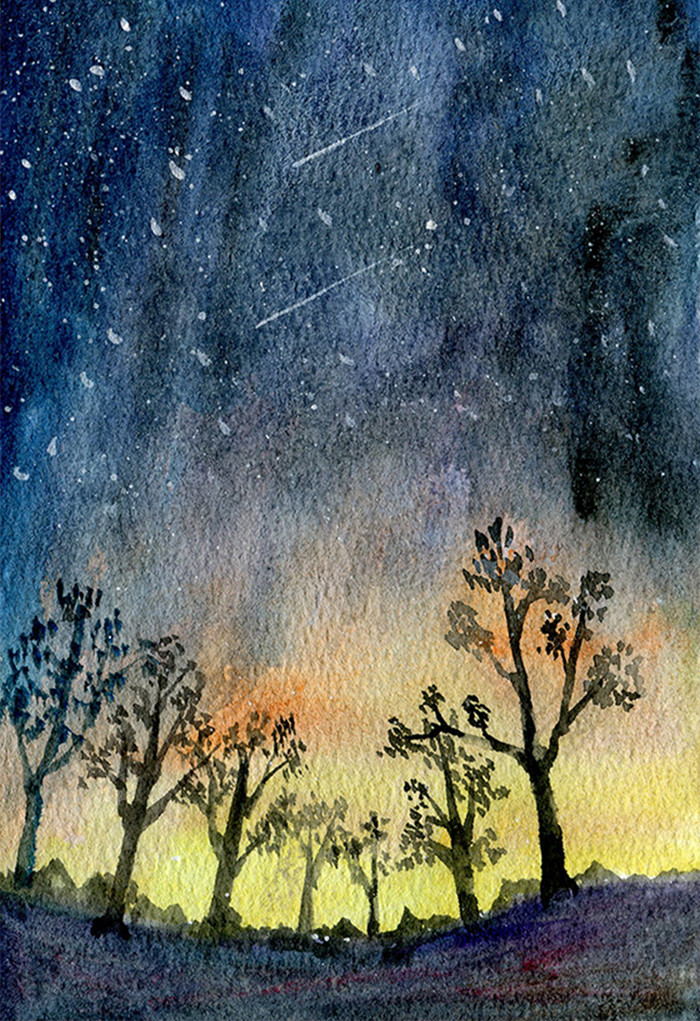 厚涂星空树木夜空白云