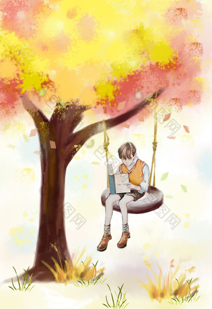 唯美男孩树下看书的秋分节气插画