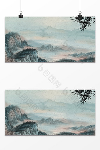 绿色中国风水墨山水设计背景图片