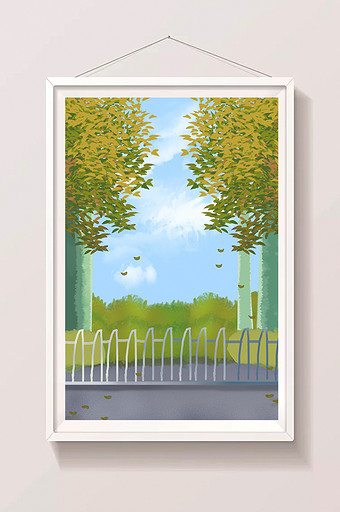 卡通马路护栏大树风景图片