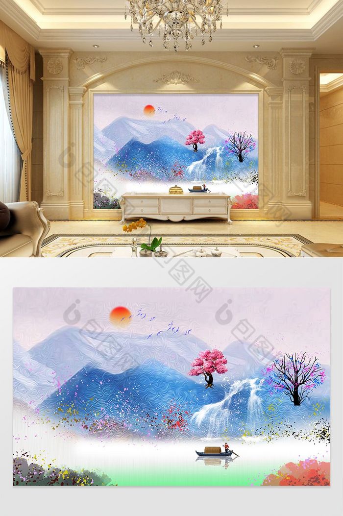 电视背景墙中国风水墨江南图片
