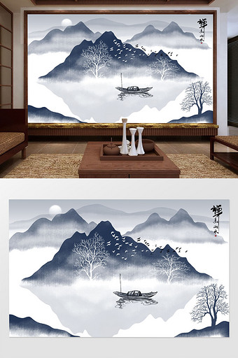 新中式中国风意境山水客厅背景墙图片