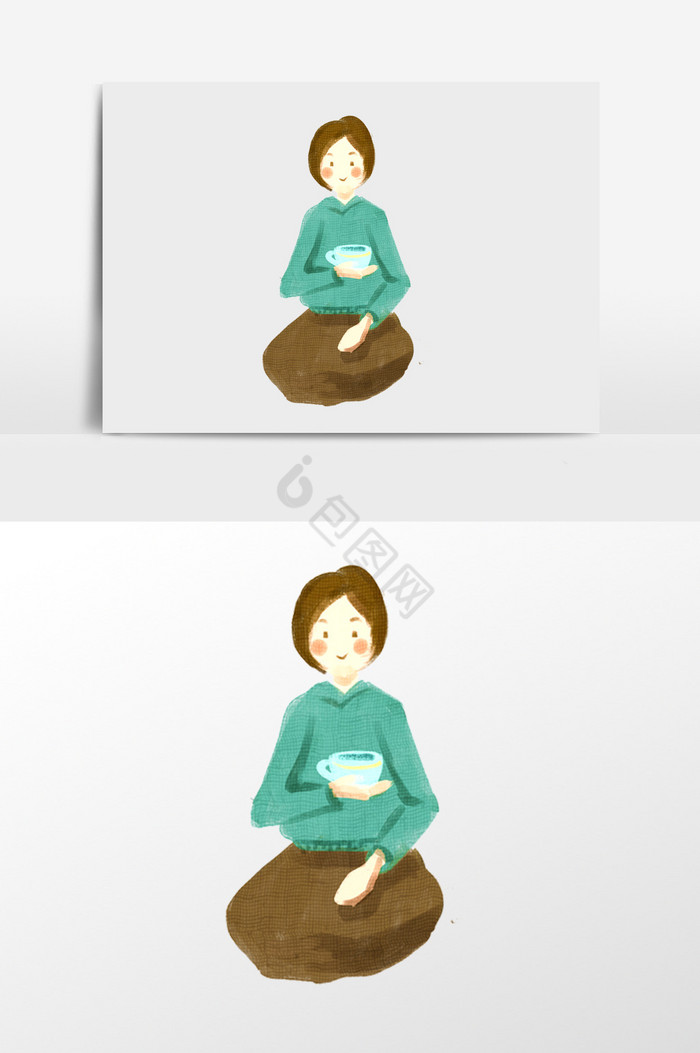 喝茶的女孩插画图片