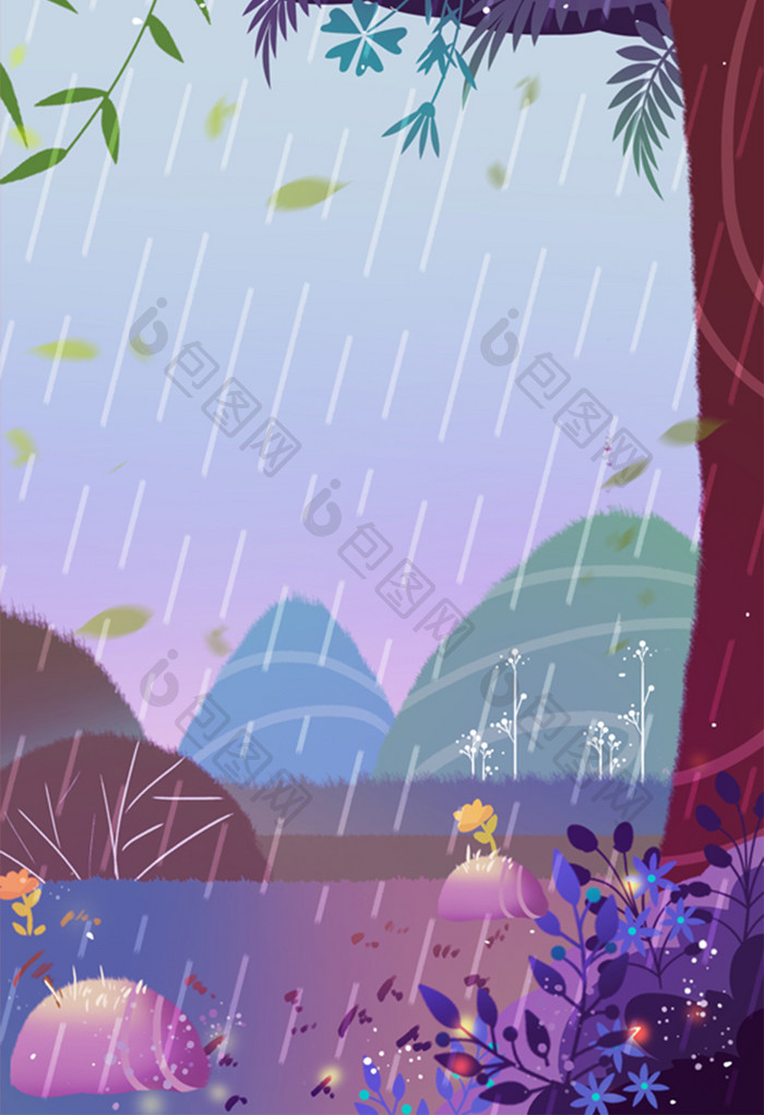 下雨的树林插画元素