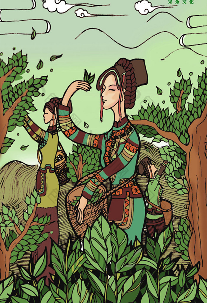 卡通风格彝族采茶之中国民族传统文化插画