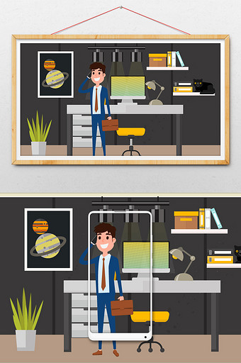 卡通商务工作者加班结束打电话图片