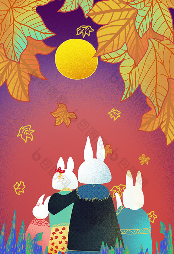 橙色中秋节兔子中国风插画