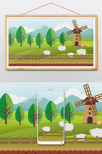 卡通村庄农场牧场风车插画背景图片