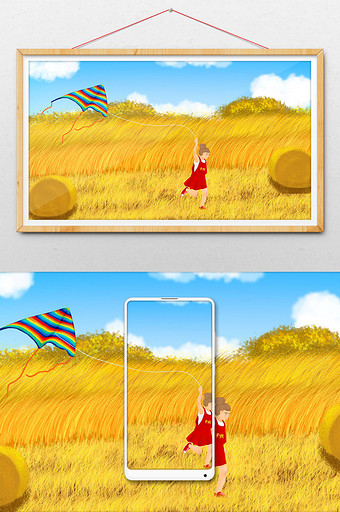 小清新之在田野上放风筝的女孩图片