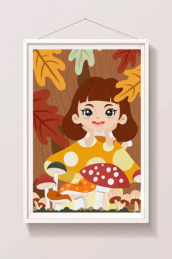 清新唯美秋天二十四节气秋分蘑菇女孩插画图片