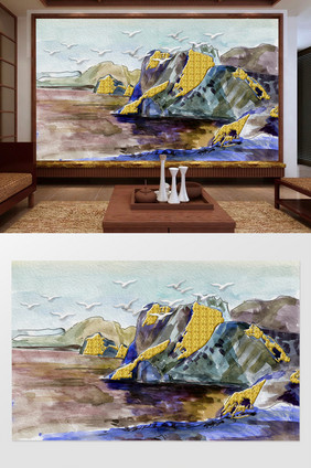 新中式手绘风景油画电视背景墙