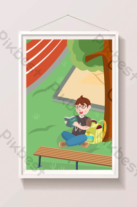 男孩开学操场读书开学季校园插画图片