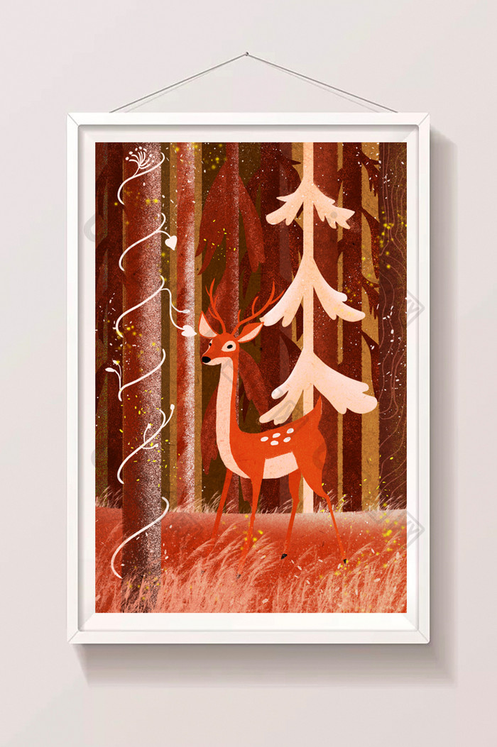 暖色森林二十四节气秋分小鹿风景插画