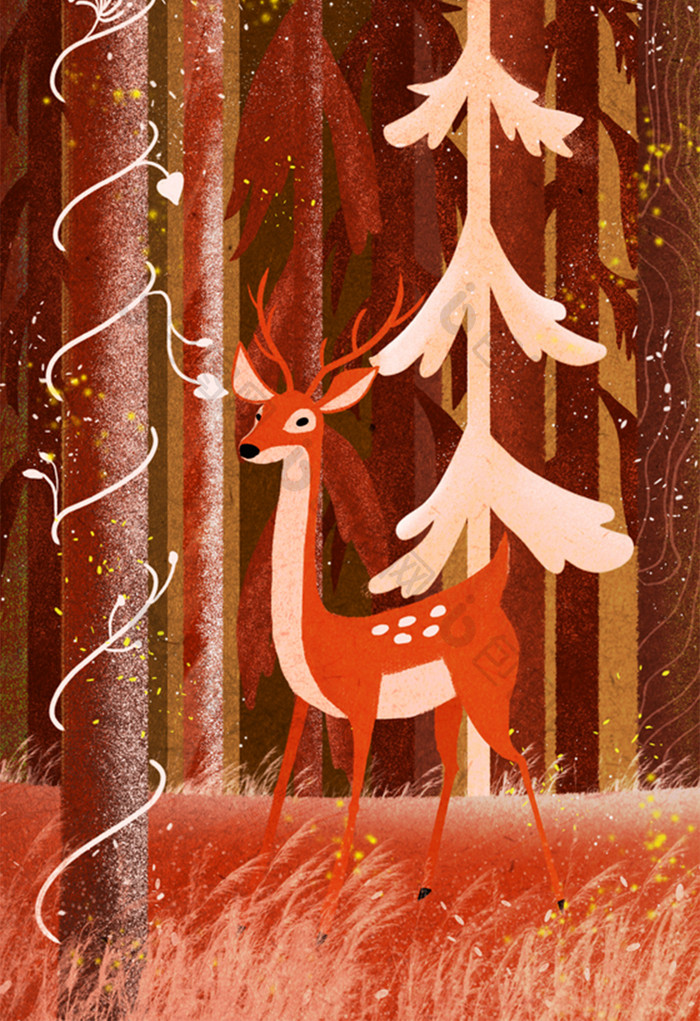 暖色森林二十四节气秋分小鹿风景插画