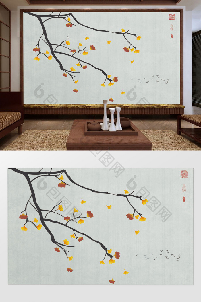 原创现代简约新中式手绘银杏叶背景墙装饰画