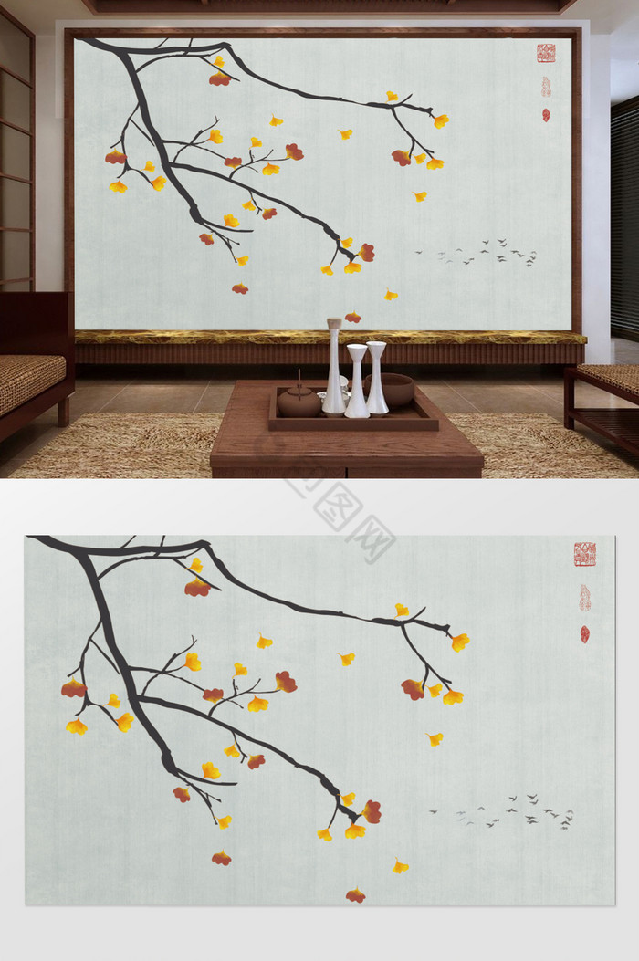 中式手绘银杏叶背景墙装饰画