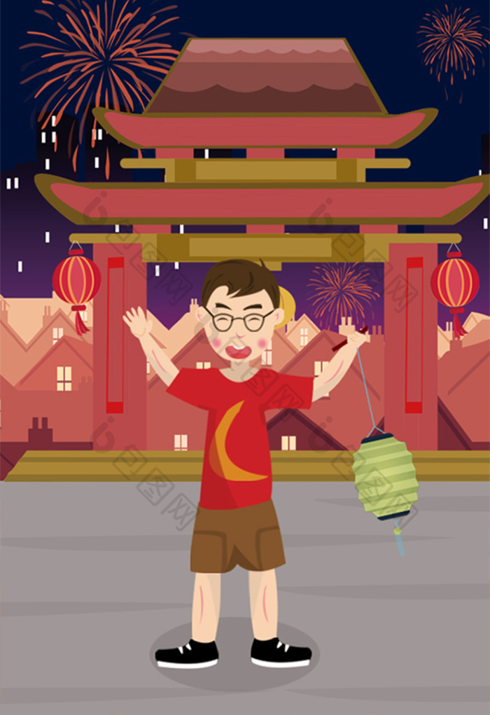 男孩挑灯笼中秋节插画图片