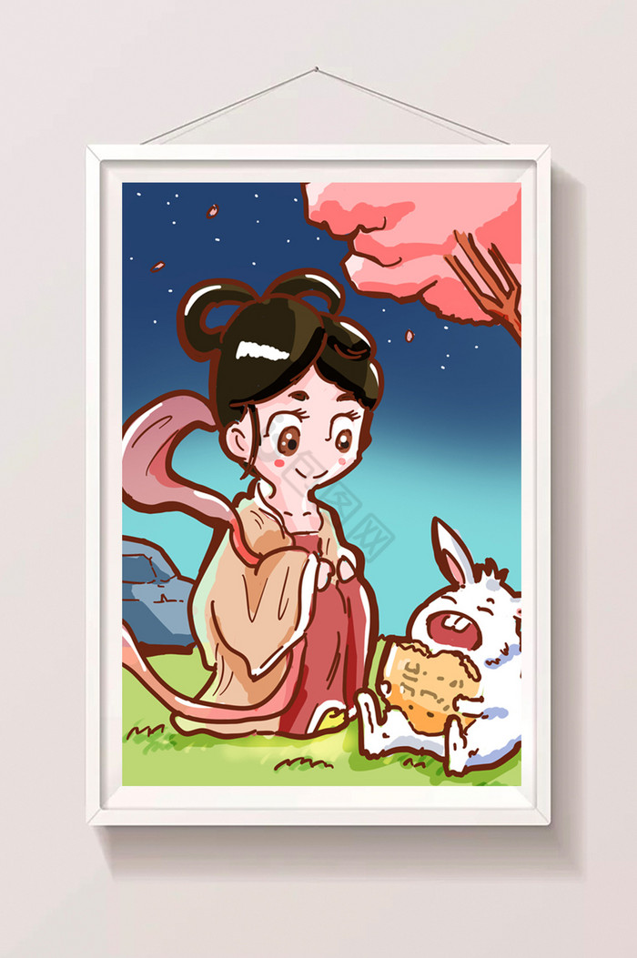 中秋节嫦娥与吃月饼的兔子插画图片