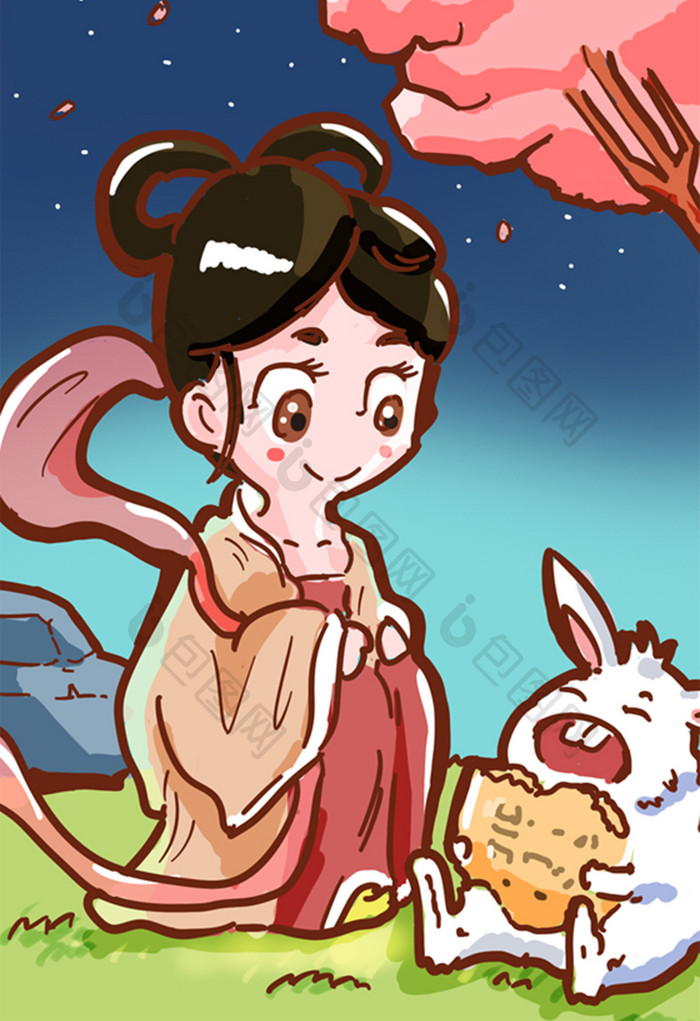 卡通清新可爱中秋节嫦娥与吃月饼的兔子插画