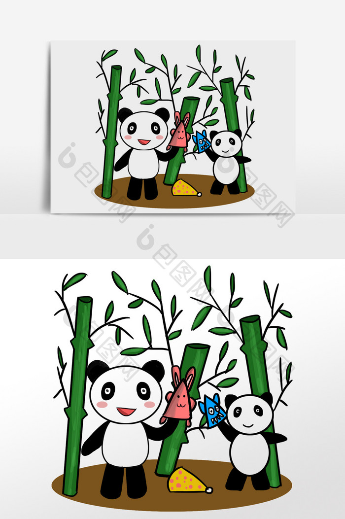 黑白绿手绘卡通大熊猫玩耍插画