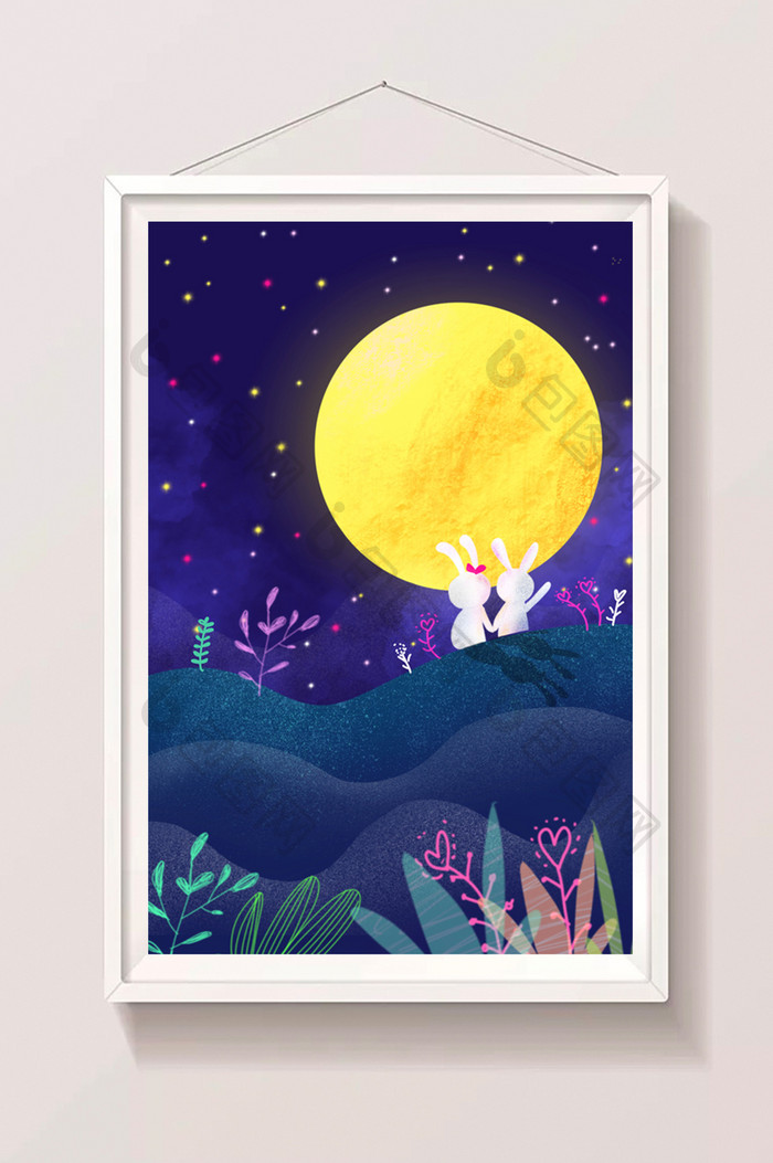中秋月兔夜景插画
