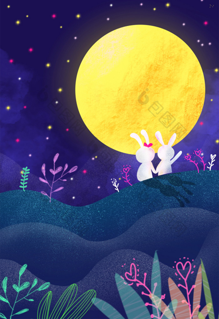 中秋月兔夜景插画
