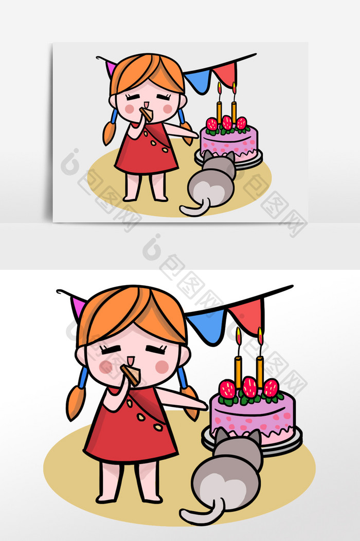 红色手绘小女孩生日插画