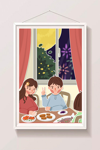 彩色可爱柔色剪纸风中秋节团圆聚餐人物插画图片