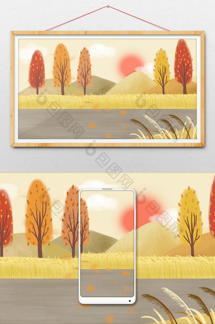 暖色系秋天公路边的麦田和枫树手绘插画背景