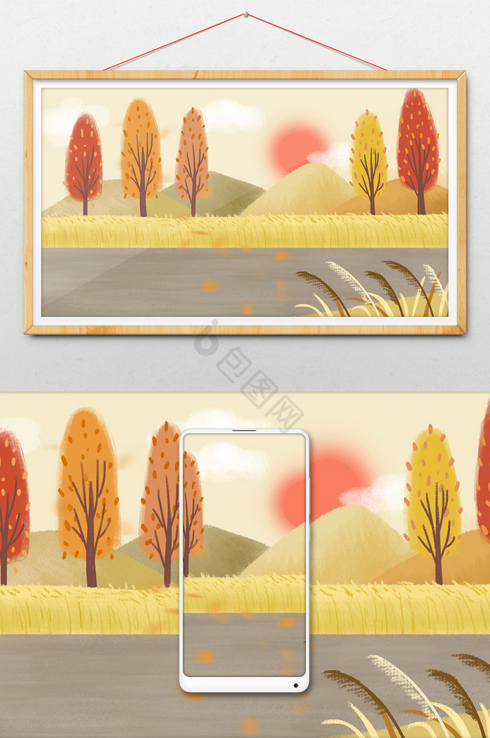 暖色系秋天公路边的麦田和枫树插画