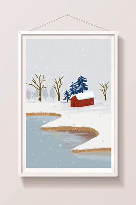冷色系冬天湖边的小房子手绘插画背景