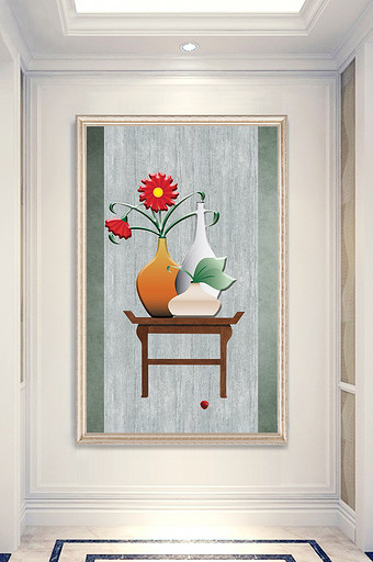 简约现代新中式花卉花瓶玄关装饰画图片
