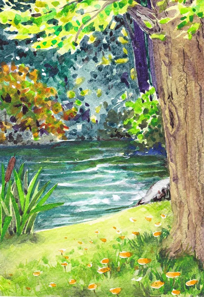 手绘自然风景水彩树林场景插画
