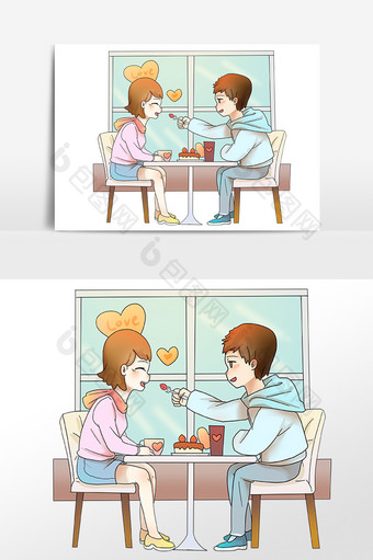 手绘七夕情侣吃饭人物插画素材图片