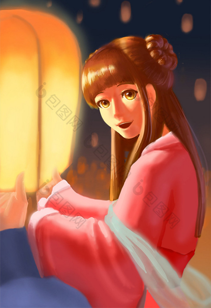 七夕情人节燃放许愿灯美女插画