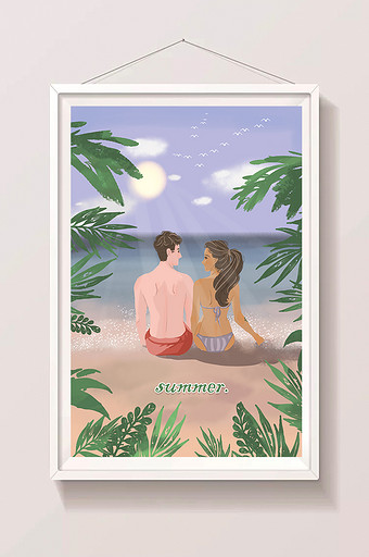 七夕沙滩情侣处暑夏天浪漫沙滩情侣旅游插画图片