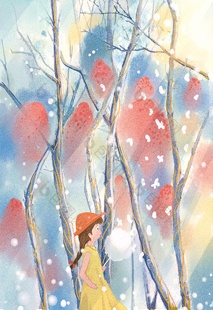 夏季唯美梦幻红帽子少女樱花树下插画