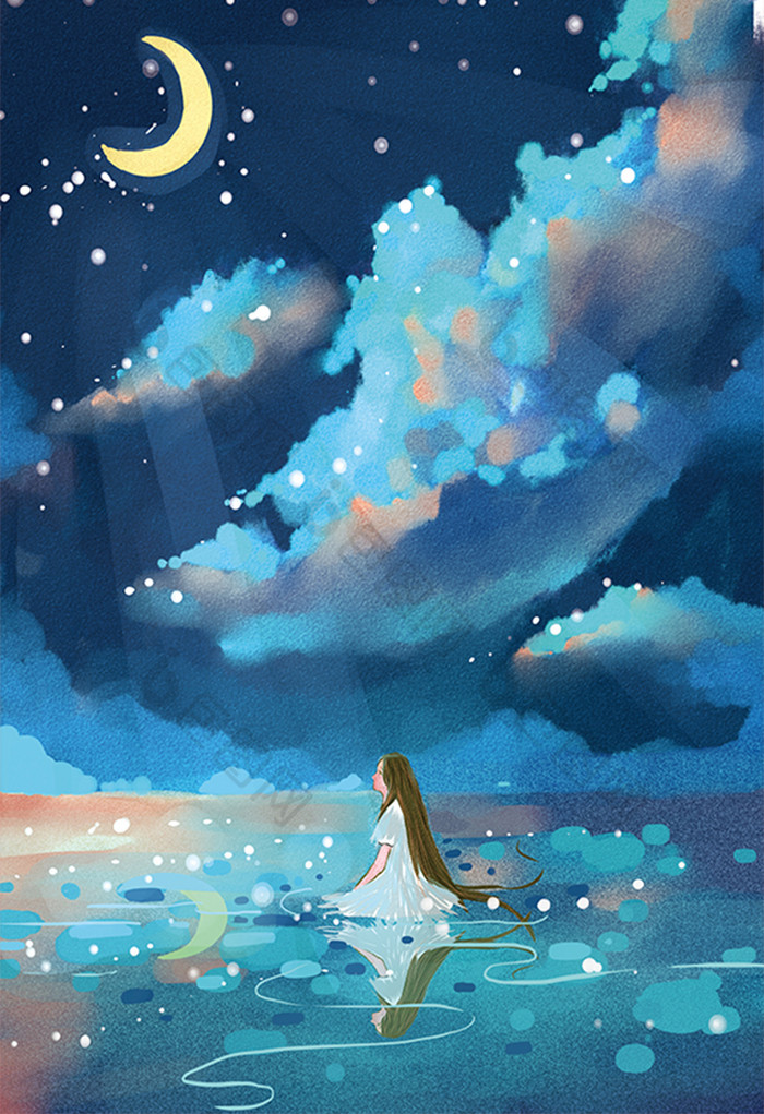 夏季夜晚梦幻海边小女孩插画图片