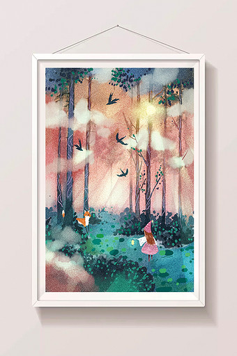紫色清新少女森林唯美梦幻插画图片