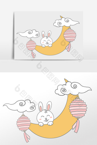 手绘中秋节兔子月牙云朵插画元素图片
