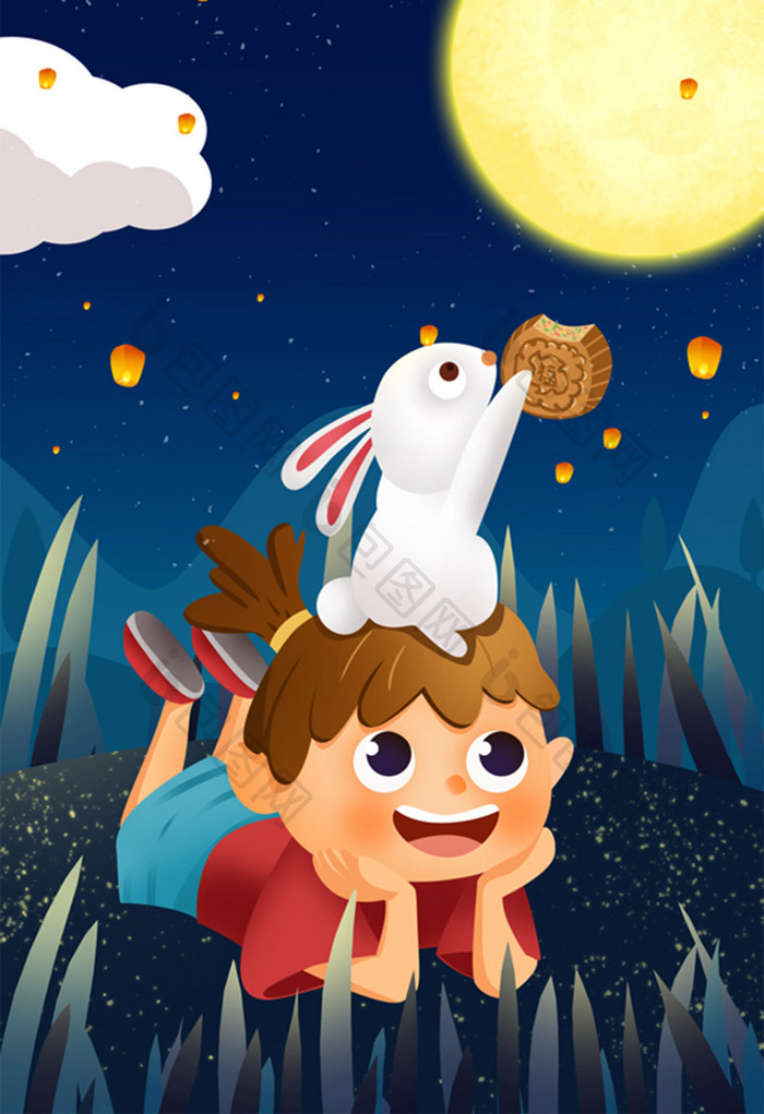卡通中秋节小孩小兔子吃月饼插画