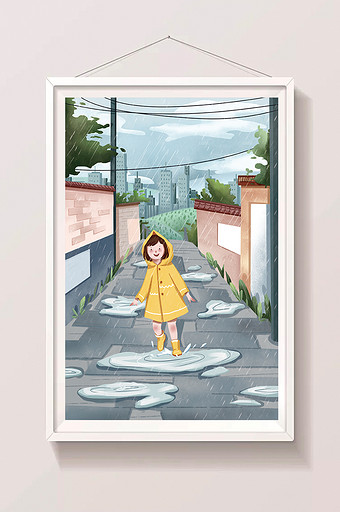 街道小巷雨衣小女孩下雨天插画图片