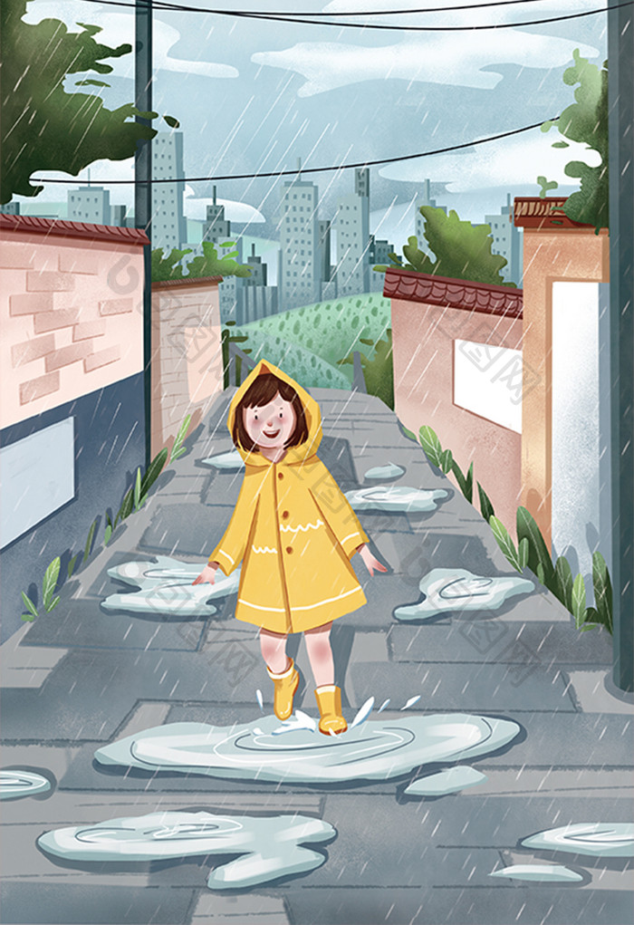 街道小巷雨衣小女孩下雨天插画