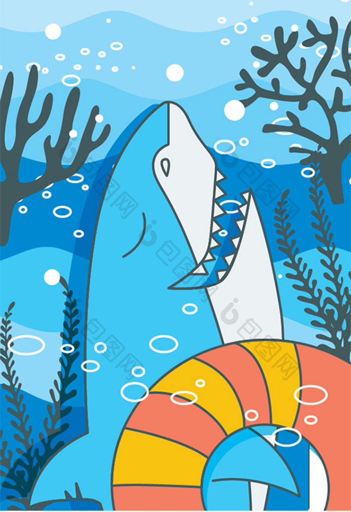 手绘卡通海洋鲨鱼海底插画背景