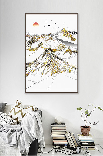 新中式金色线条水墨山水装饰画图片