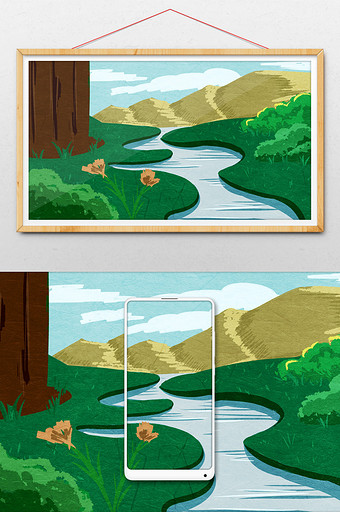 唯美绿色丛林远山河流小溪插画背景图片