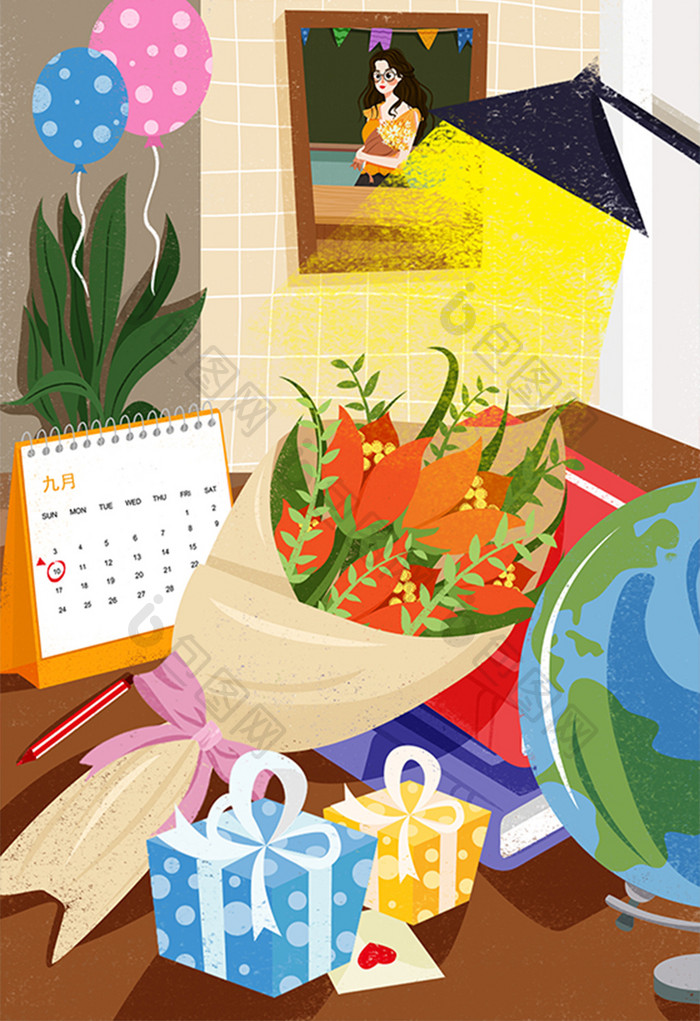 9月10日教师节插画书桌上的花束礼物插画