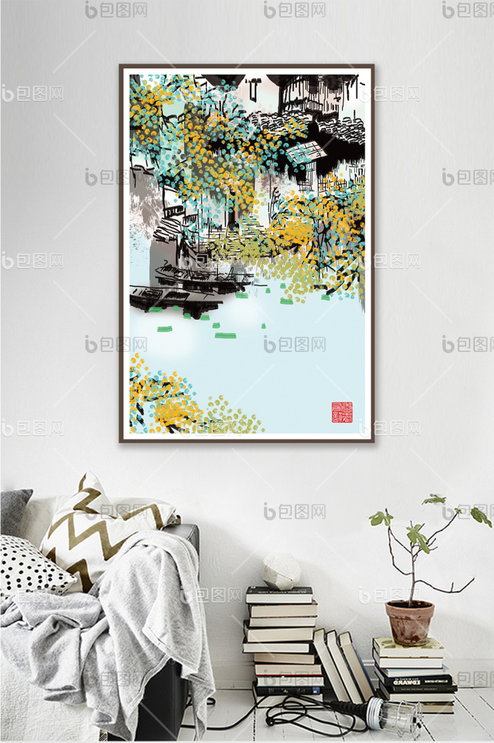 淡彩水墨风景书房客厅酒店装饰画-淡彩水墨风景书房客厅酒店装饰画效果图-【包图网】